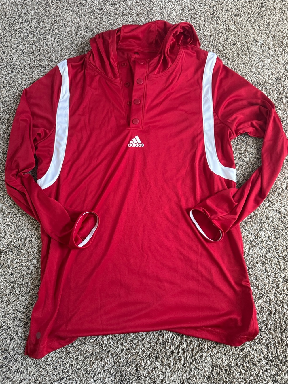adidas Red Hooded Long Sleeve Athletic Top with White Panels